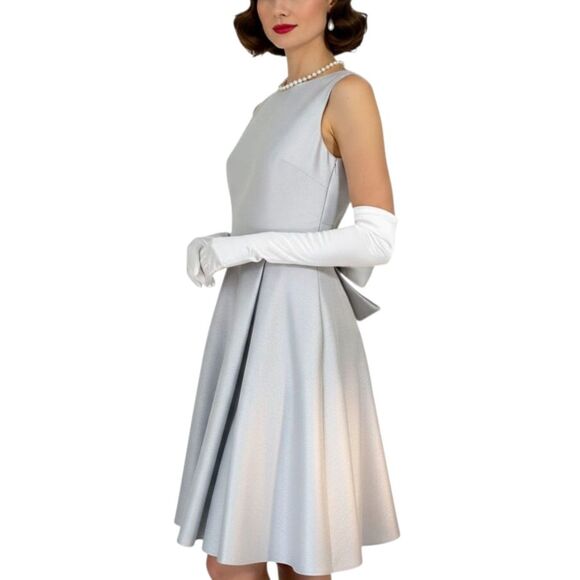 Alfred Sung Dove Gray A-Line Bow Cocktail Dress Sz 8 | Audrey Hepburn Jackie-O - Picture 2 of 11